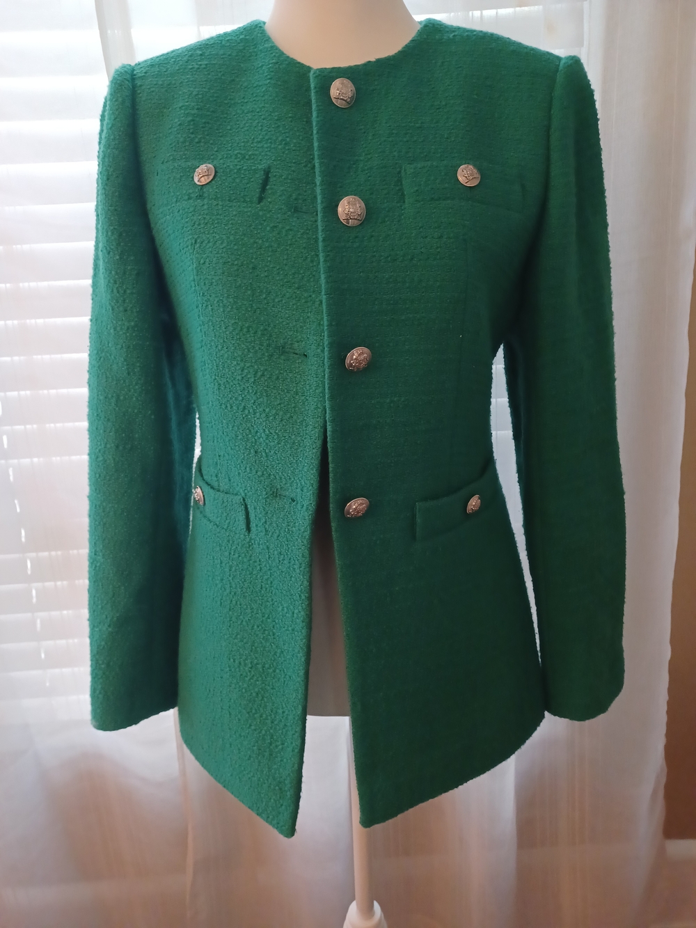 Ann Taylor Green Tweed Split Hem Blazer Gold Accent Buttons